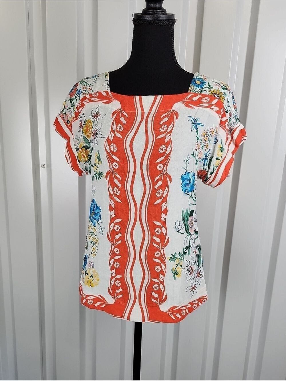 Anthropologie Maeve Romina Scarf Print Floral Coral Short-Sleeve Top Size XS EUC - Picture 1 of 6